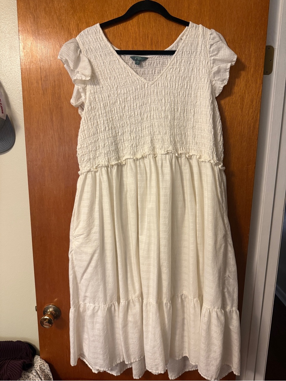Smocked V‑Neck Tiered Casual Dress — Cream